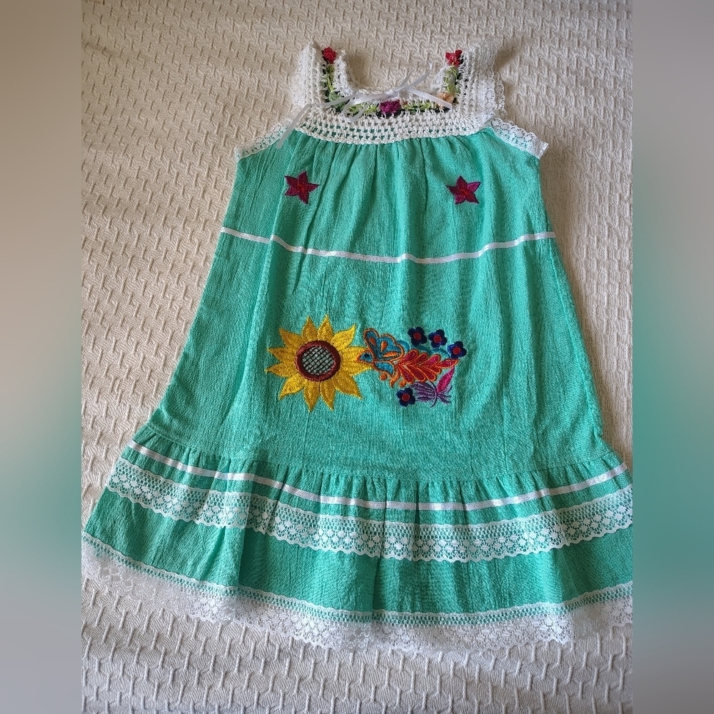 Floral Embroidered Kids Dress - Green Size 4